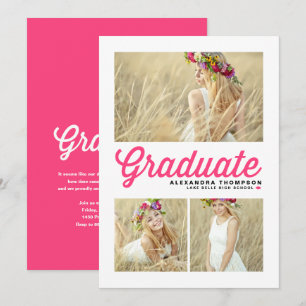 Hot Pink Retro Script Three Photo Graduation Invitation