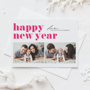 Hot Pink Retro Typography Happy New Year Two Photo Holiday Card