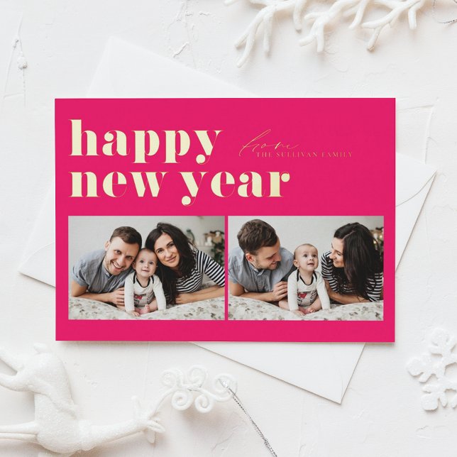 Hot Pink Retro Typography Photo Happy New Year Foil Holiday Card (Creator Uploaded)