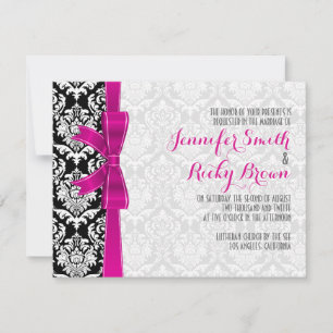 Hot Pink Ribbon Black & White Damasks Wedding Invitation