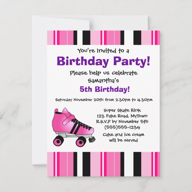 Hot Pink Roller Skate Birthday Party - Pink Stripe Invitation (Front)