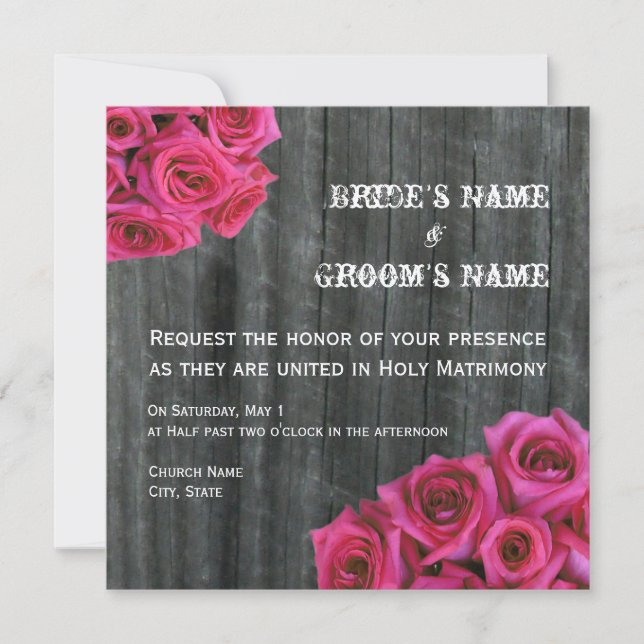 Hot Pink Rose and Barnwood Wedding Invitation (Front)