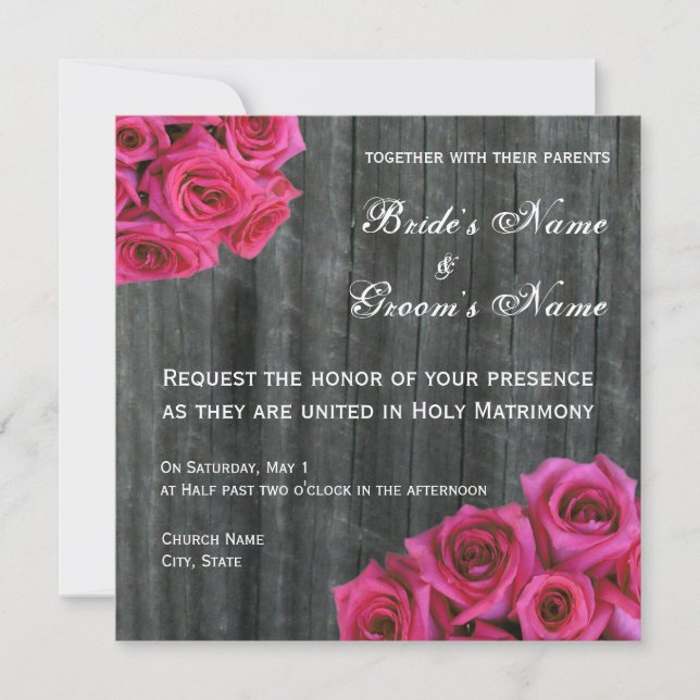 Hot Pink Rose and Barnwood Wedding Invitation (Front)