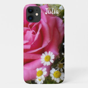 Hot Pink Rose and White Daisies Photo iPhone 11 Case