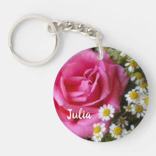 Hot Pink Rose and White Daisies Photo Key Ring