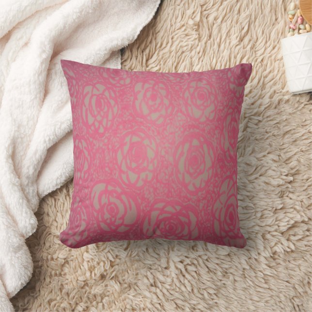 Hot Pink Rose Bed Print Throw Pillow (Blanket)
