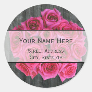 Hot Pink Rose Bouquet & Barnwood Address Label