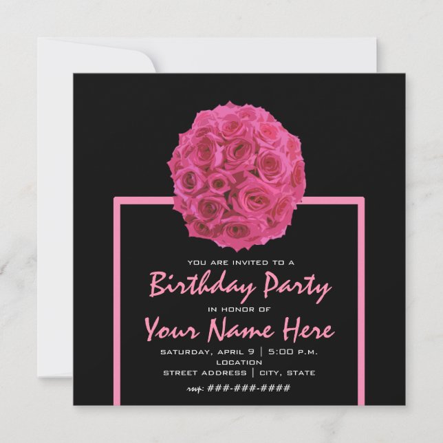 Hot Pink Rose Bouquet Birthday Party Invite (Front)