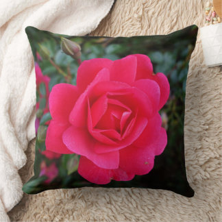 hot pink rose flower and green leaves photo art cushion