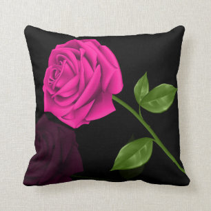 Hot Pink Rose Flower On Black Background Cushion