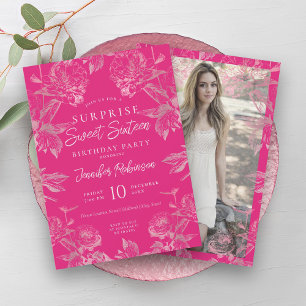 Hot Pink Rose Gold Floral SURPRISE Sweet 16 Invitation