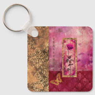 Hot pink rose grunge style floral key ring