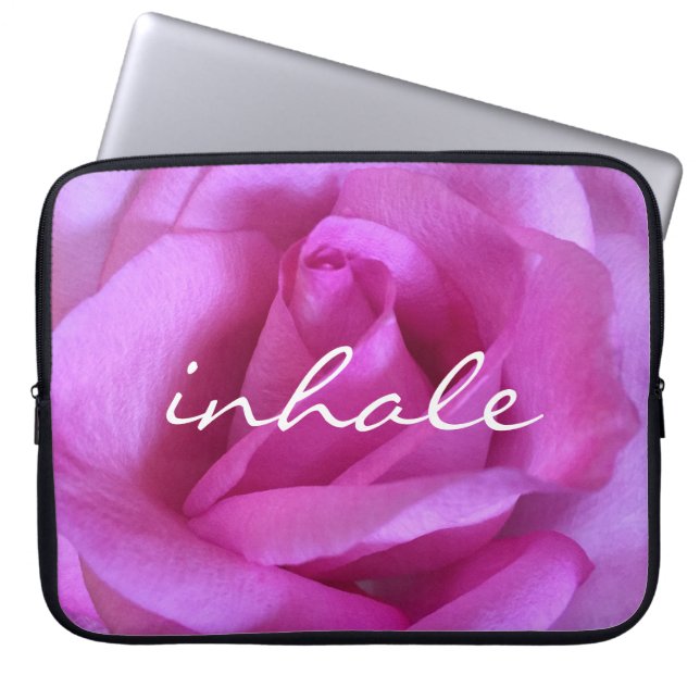 Hot Pink Rose Photo Inhale Quote Modern Simple  Laptop Sleeve (Front)