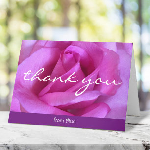 Hot pink rose photo script monogram name modern thank you card