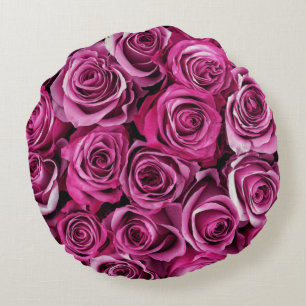 Hot Pink Rose Print Round Pillow