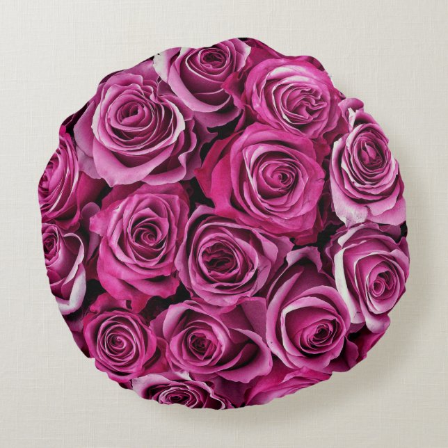 Hot Pink Rose Print Round Pillow (Back)