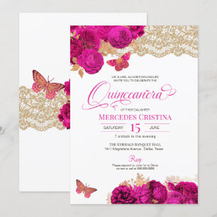 Hot Pink Roses and Lace Butterfly Quinceañera Invi Invitation