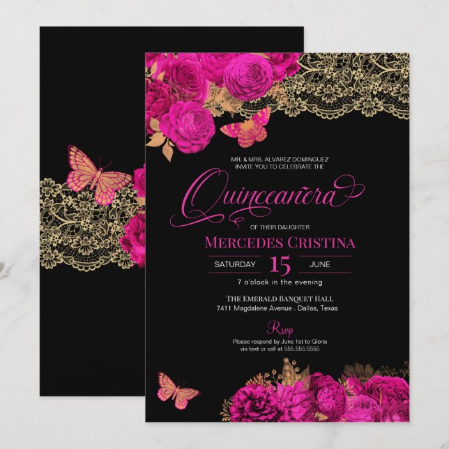 Hot Pink Roses and Lace Butterfly Quinceañera Invitation (Front/Back)
