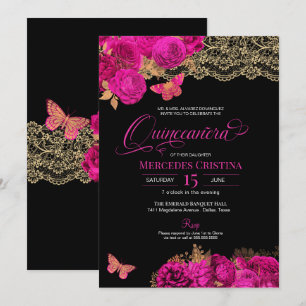Hot Pink Roses and Lace Butterfly Quinceañera Invitation