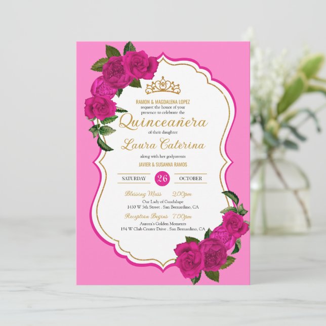 Hot Pink Roses Black and Gold Elegant Quinceanera Invitation (Standing Front)