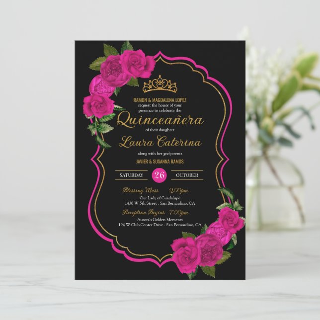 Hot Pink Roses Black and Gold Elegant Quinceanera Invitation (Standing Front)