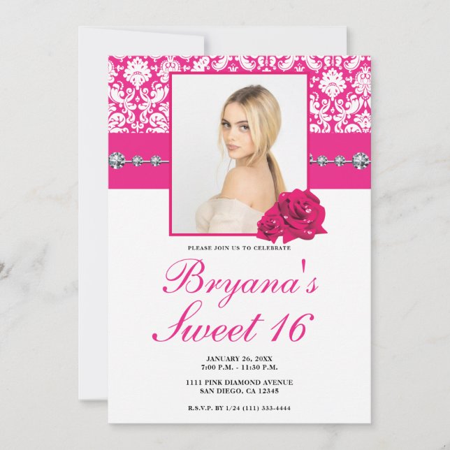 Hot Pink Roses & Damask Diamond Bling Invitations (Front)