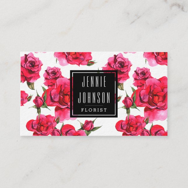 Hot Pink Roses Floral Modern Business Card (Front)