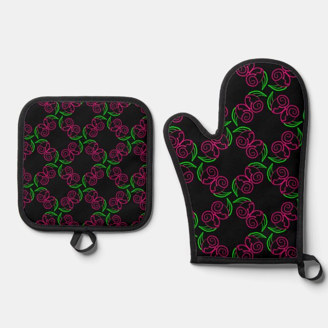Hot Pink Roses Oven Mitt & Pot Holder Set (Front)