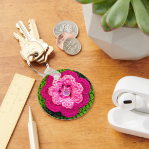 Hot Pink Rosy Flower Green Crochet Print on Key Ring