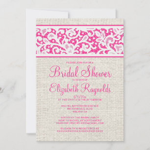 Hot Pink Rustic Burlap Linen Bridal Shower Invites