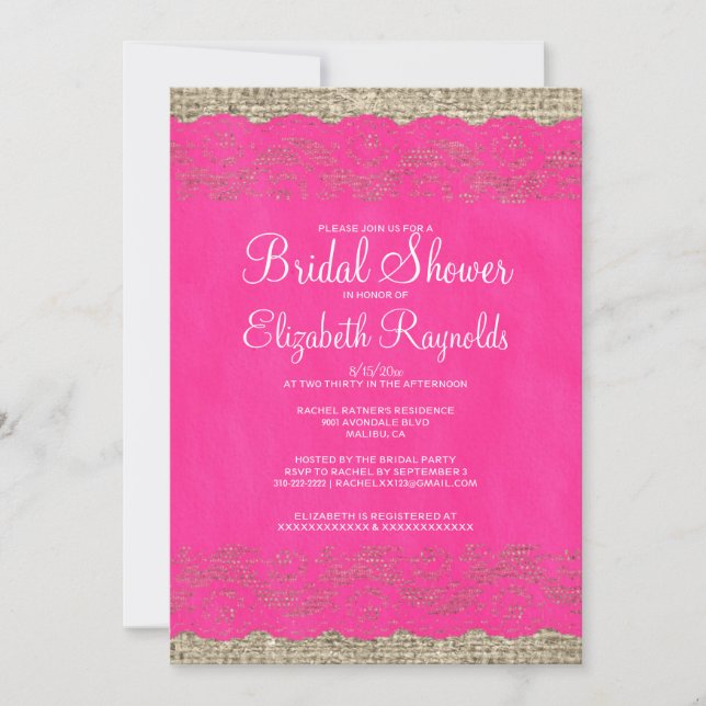 Hot Pink Rustic Lace Bridal Shower Invitations (Front)