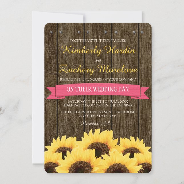 HOT PINK RUSTIC SUNFLOWER WEDDING INVITATION (Front)