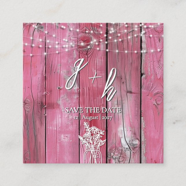 Hot Pink Rustic Wood String Lights Save the Dates Enclosure Card (Front)
