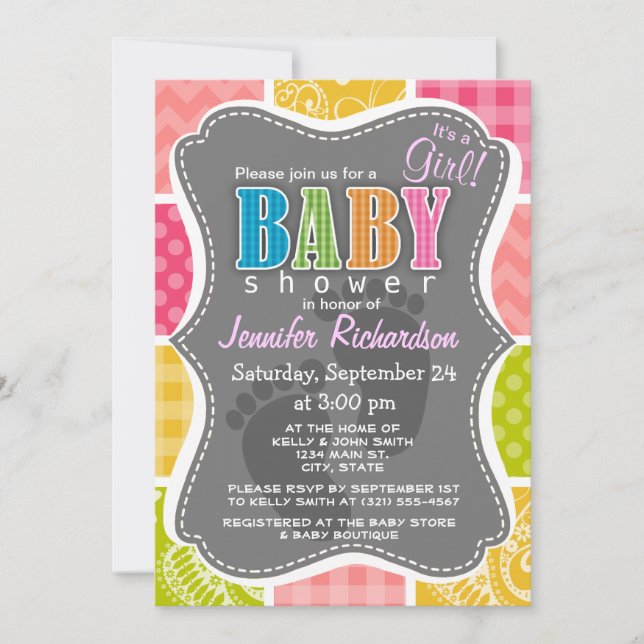 Hot Pink, Salmon, Yellow and Green Cute Chequered Invitation (Front)