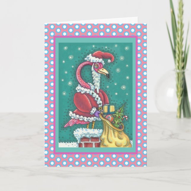 HOT PINK SANTA FLAMINGO CHRISTMAS GREETING CARD V (Front)