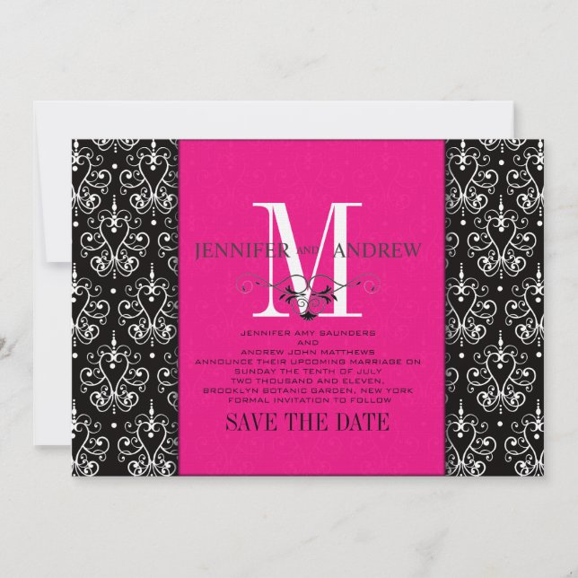 Hot Pink Save the Date Monogram Damask (Front)