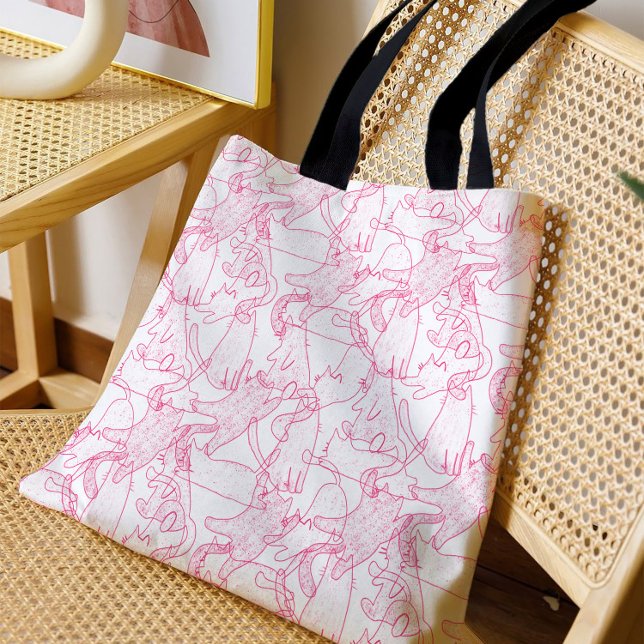 Hot Pink Scribble Cats – modern cute Pattern Tote Bag (Creator Uploaded)
