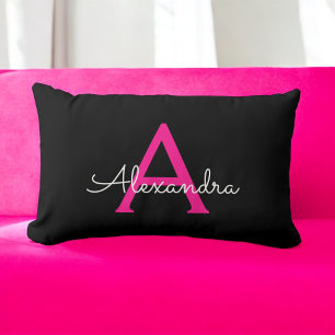 Hot Pink Script Girly Monogram Name Lumbar Cushion