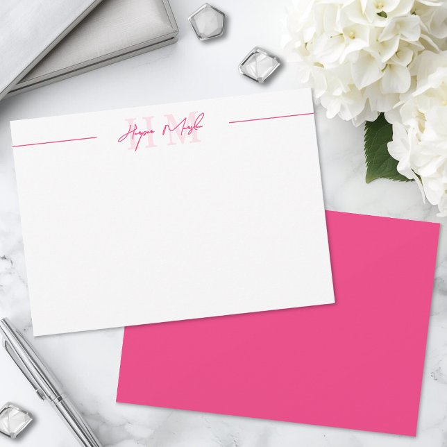Hot Pink Script Name Monogram Card (Hot Pink Script Name Monogram Note Card )