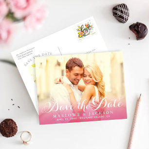 Hot Pink Script Overlay Photo Save the Date Announcement Postcard