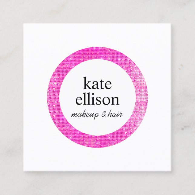 Hot Pink Sequin Cosmetologist Beauty Salon White Square Business Card (Front)