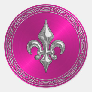 Hot Pink Sheen and Silver Fleur de Lis Classic Round Sticker