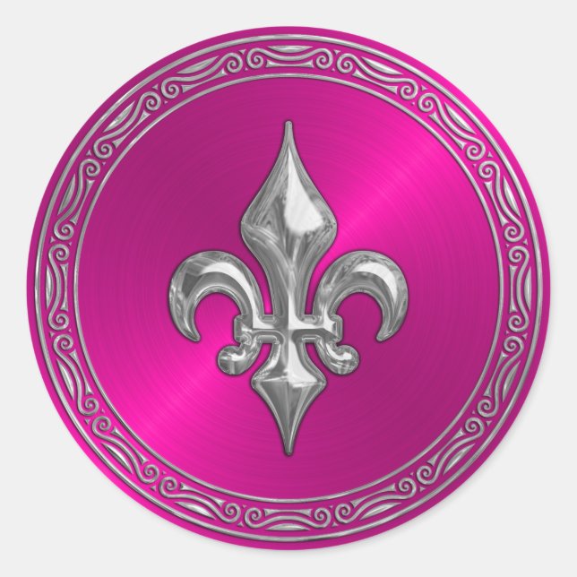 Hot Pink Sheen and Silver Fleur de Lis Classic Round Sticker (Front)