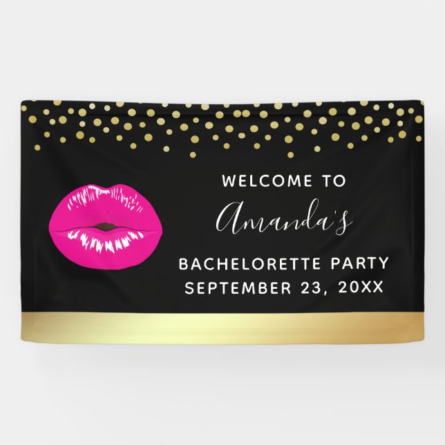 Hot Pink Shiny Lips on Black Bachelorette Banner (Horizontal)