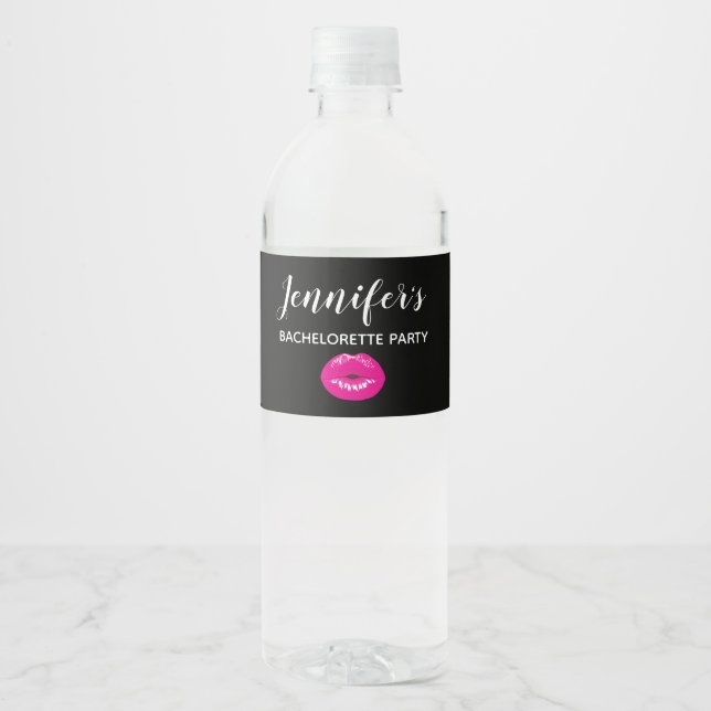 Hot Pink Shiny Lips on Black Bachelorette Water Bottle Label (Front)