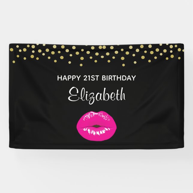 Hot Pink Shiny Lips on Black Birthday Banner (Horizontal)