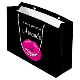 Hot Pink Shiny Lips on Black Birthday Large Gift Bag