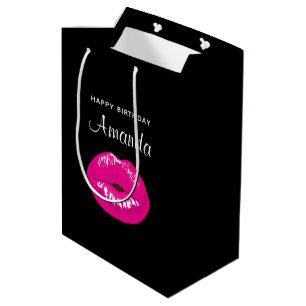 Hot Pink Shiny Lips on Black Birthday Medium Gift Bag