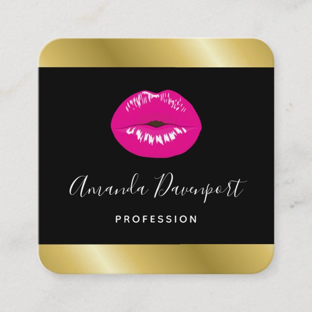Hot Pink Shiny Lips on Black Business Card (Front)