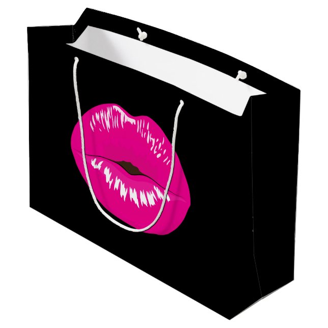 Hot Pink Shiny Lips on Black Large Gift Bag (Back Angled)